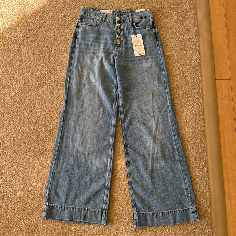 Zara High-Waisted Wide-Leg Jeans with gold buttons